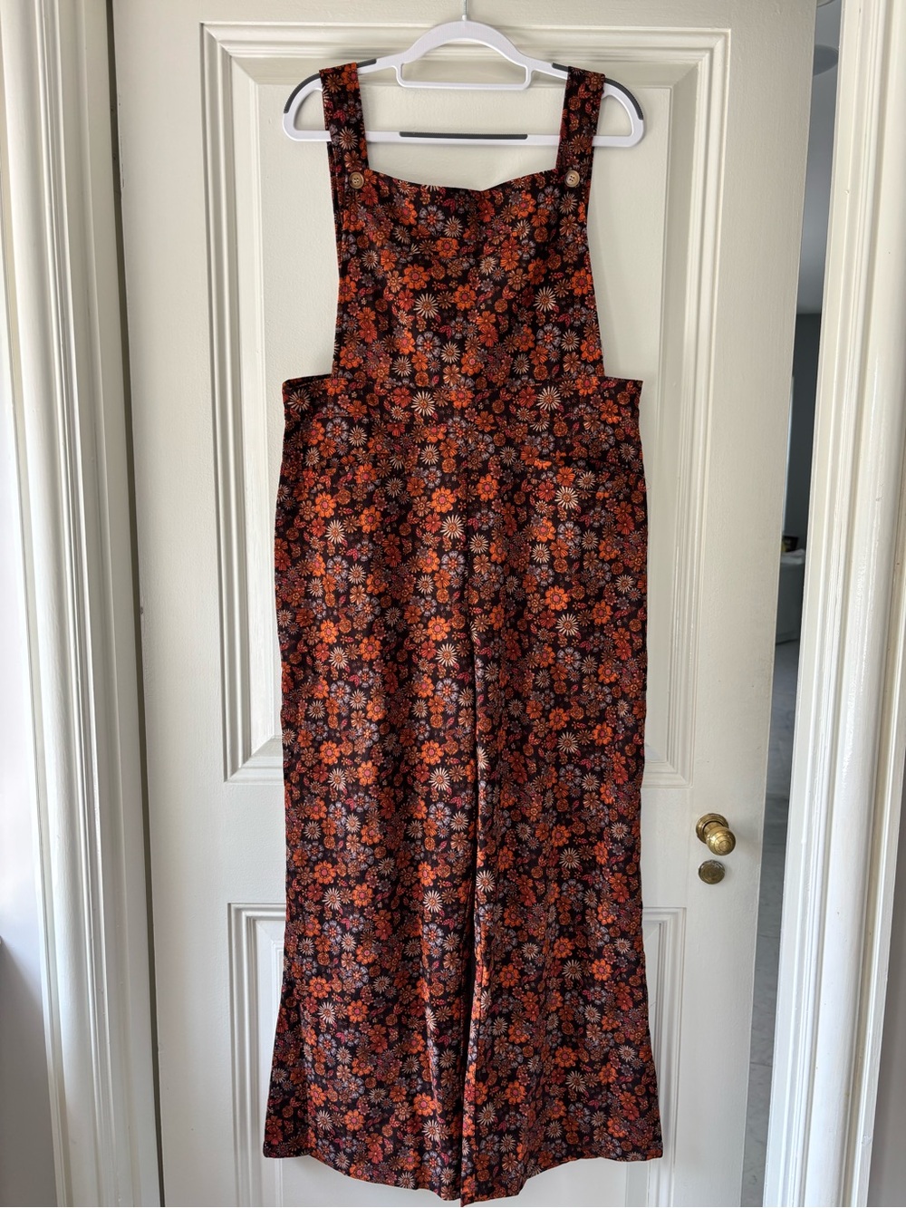Floral Print Wide-Leg Overalls - Orange Floral Corduroy